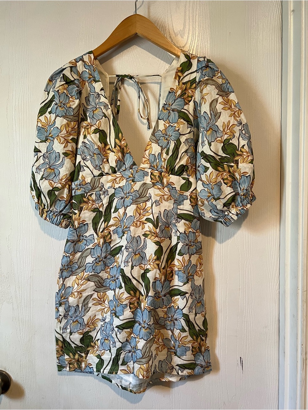 Amalie By Showpo Indrisia Linen Puff Sleeve Mini Dress Iris Floral  Women Sz  4